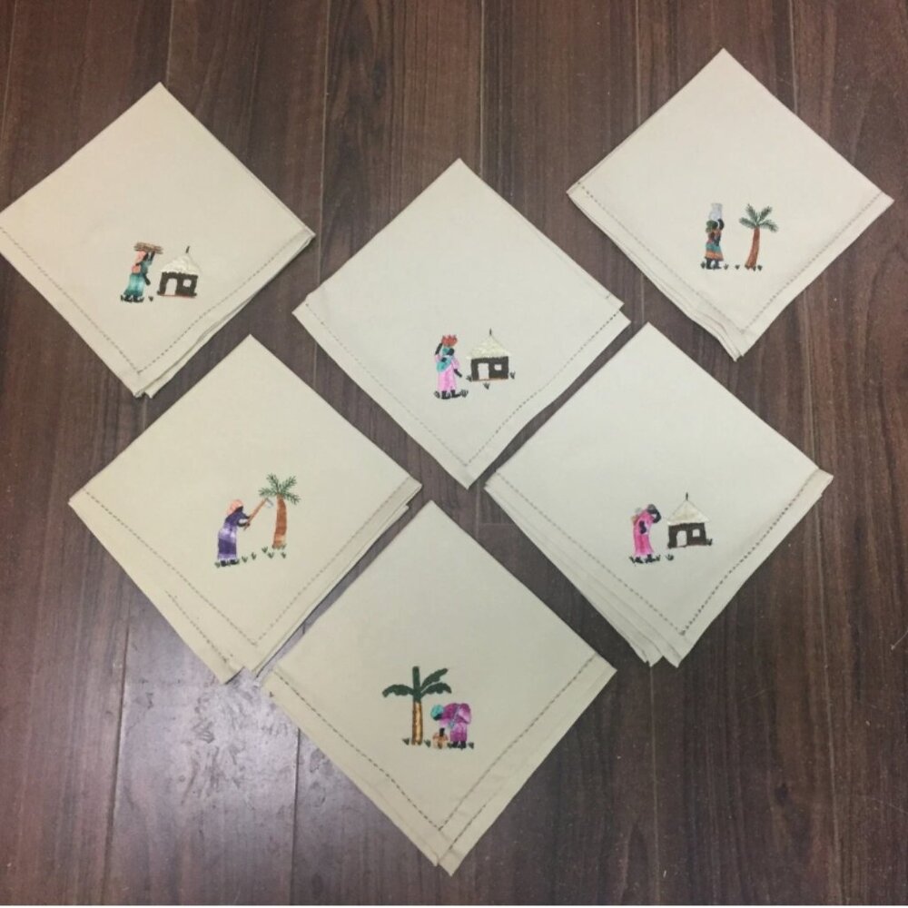 Set of 6 African Culture Themed Napkins Fabric Polyester Machine Embroidered
